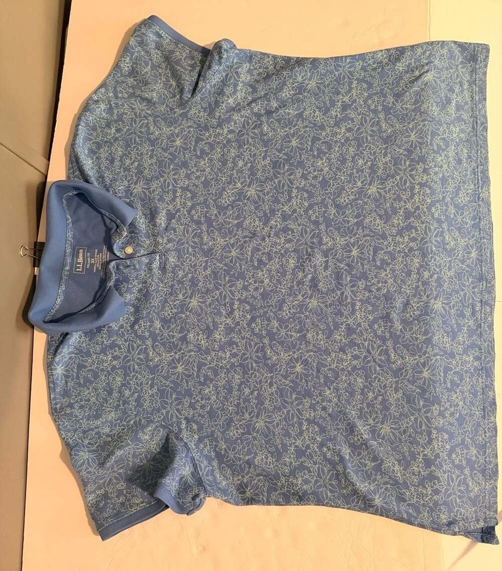 LL Bean Relaxed Fit Blue Floral Print Short Sleeve Polo Shirt 3X